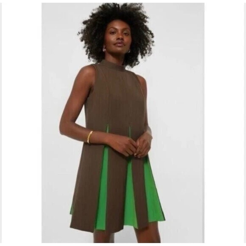 Tuckernuck Brown Green Contrast Pleated Mock Neck Mini Dress NYAP-12-D636 Small